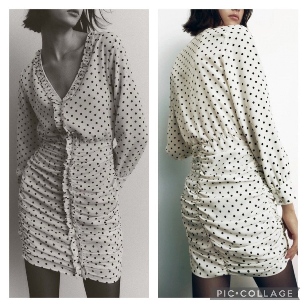 NWT Zara Ecru White Black Polka Dot Ruched Front Long Sleeve Mini Dress